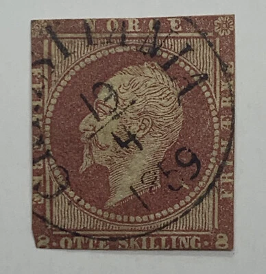RARO SELLO NORUEGA 1856 CON CHRISTIANIA SON BULLSEYE CANCELAR 8 HABILIDADES Foto 1 de 3