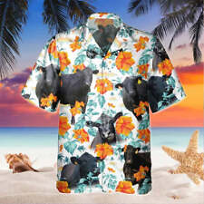 Black Angus Bright Hibiscus Flowers Hawaiian Shirt, Men's Cow Hawaiian Shirt, Bu