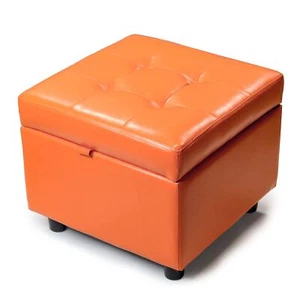 Orange Tufted Leather Square Flip Top Storage Ottoman Cube Foot Rest w/ Storage - Picture 1 of 8