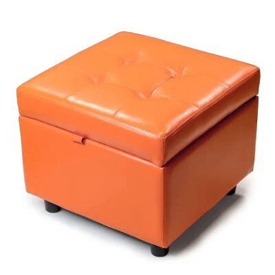 Orange Tufted Leather Square Flip Top Storage Ottoman Cube Foot Rest w/ Storage - Image 1 of 4