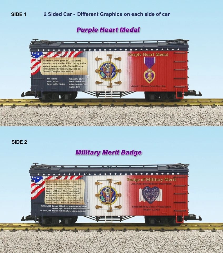 USA Trains G Scale R16057 - PURPLE HEART/BADGE OF MERRIT PATROTIC REEFER CAR - Image 1 of 1