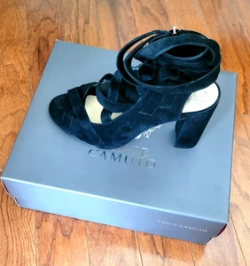 Vince Camuto Women Sammson Sandal Block Heel Ankle Wrap Black Suede Size 9M/39 - Picture 1 of 6