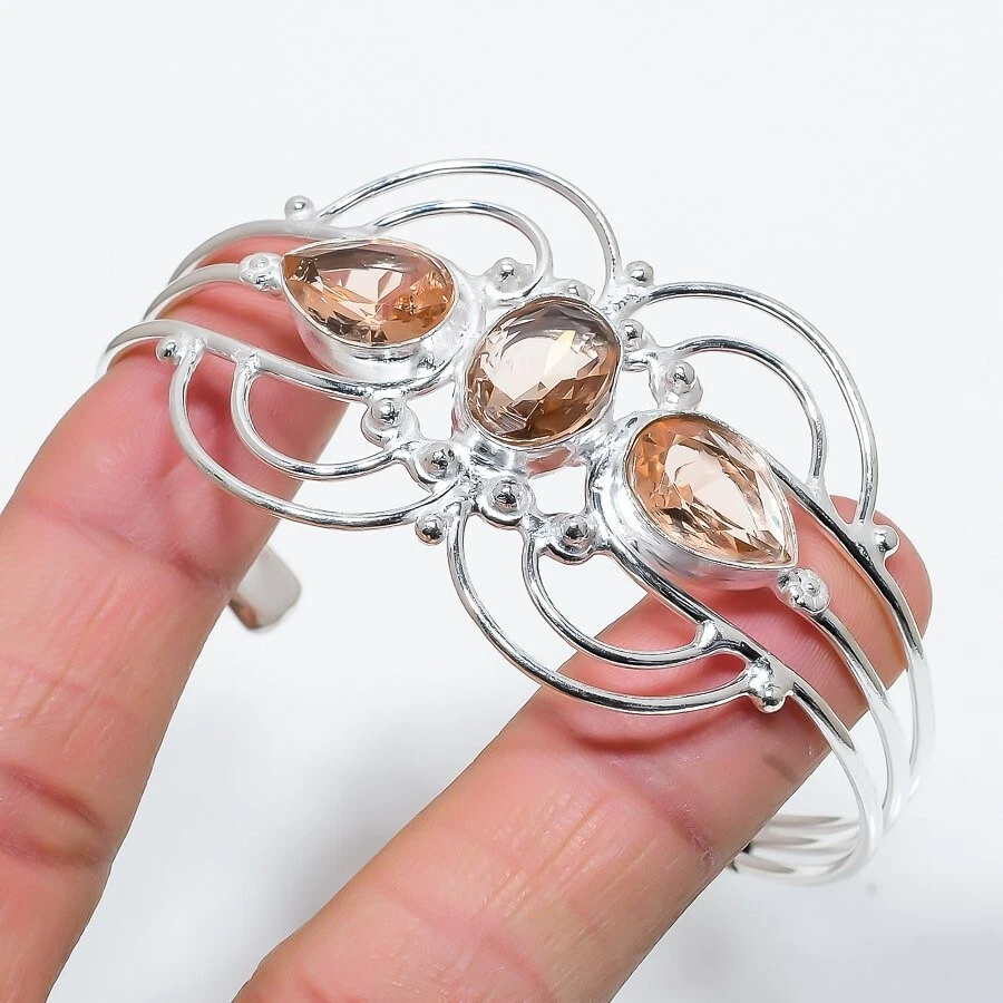 Brazalete ajustable de plata de ley 925 hecha a mano con piedras preciosas de morganita melocotón Foto 1 de 1