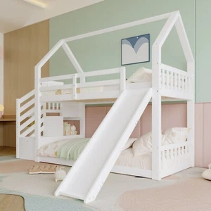 Etagenbett 90x200 cm Hochbett mit Stauraumtreppe und Rutsche Kinderbett Weiß - Bild 1 von 14