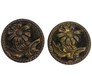 Vintage Brass Flower Floral Leaf Motif on Fabric Metal Shank Buttons lot of 2