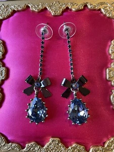 Betsey Johnson Midnight Romance Pewter Blue Crystal Tear Drop Bow Earrings RARE - Picture 1 of 2