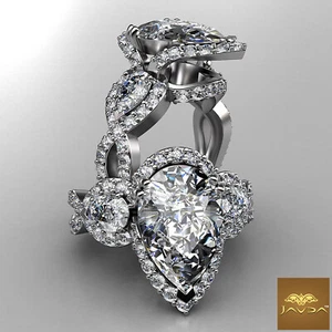 3 Stone Cross Shank Halo Pear Diamond Engagement Pave Set Ring GIA H SI1 2.5Ct - Picture 1 of 4