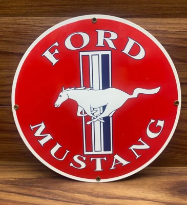 Vtg Ande Rooney Ford Mustang Sign Porcelain Enamel Man Cave Garage 11" Round Red - Image 1 of 4