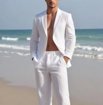 Men's White Summer Pure Linen 2 Piece Suit Slim fit Beach Party Blazer and Pant - Image 1 of 4