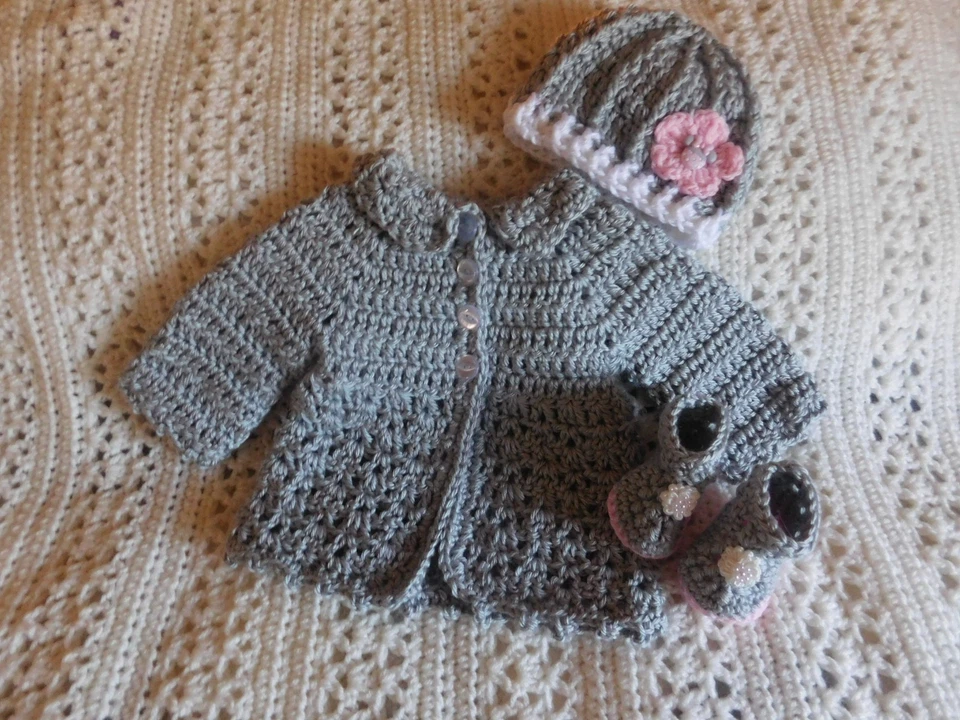 Conjunto Suéter Sombrero Botines Gris 0-3 Meses Bebé Ganchillo Bebé Hecho a Mano Infantil - Gris Foto 1 de 4