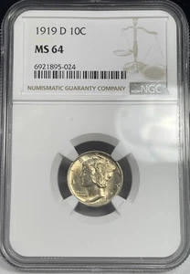 1919-D Mercury Dime 10c NGC MS64 - Tough Date In Higher MS Grades - Picture 1 of 4