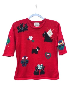 Vintage Susan Bristol Red Knit Festive Grannycore Sweater Scottie Dog & Floral M - Image 1 of 4