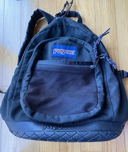 Vintage Jansport Backpack 90s Black Canvas Rubber Tire Bottom Book Bag Outdoor - Picture 1 of 7