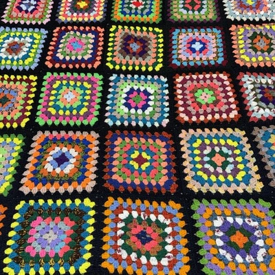 Vintage Afghan Throw Multi-colored Black Granny Square Lap Blanket 36x31" - Image 1 of 4