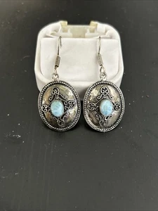 Vintage Sterling Silver Larimar Pectolite Earrings 8.38 Grams - Picture 1 of 7