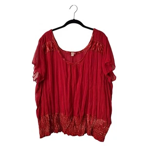 Seven7 Top Damen Gr. 18/20 Rot Chiffon Samtbesatz Gesmokt Kurzarm Boho - Bild 1 von 5