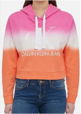 Pantalones de mezclilla para mujer Calvin Klein rosa/naranja logotipo teñido por inmersión manga larga sudadera con capucha talla XL Foto 1 de 3