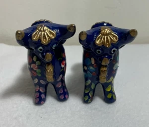 Set Of 2 Vintage Hand Painted Bull Animal Decor Blue With Flowers - Picture 1 of 21