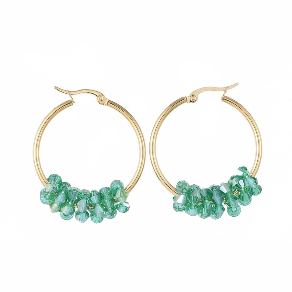 Pendientes de aro de acero inoxidable cuentas de vidrio oro calibre 12 42x33 2 mm 0,8 x 1,2 mm A177 Foto 1 de 1