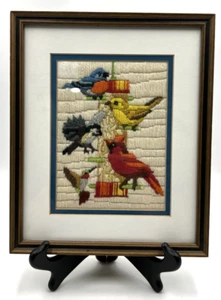 Vintage 60s Framed Crewel Embroidery Picture of Birds at a Feeder 8.75" x 10.5" - Picture 1 of 16