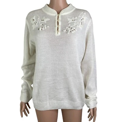 Vintage Adrian Delafield Haband Sweater Large White Crochet Beads Embroidered - Image 1 of 4