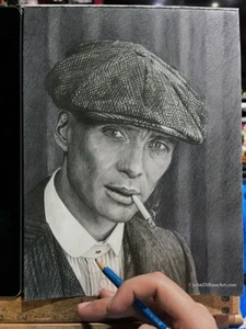 Cillian Murphy Tommy Shelby Peaky Blinders Pencil Drawing 9 x 12 Art Oppenheimer - Picture 1 of 2