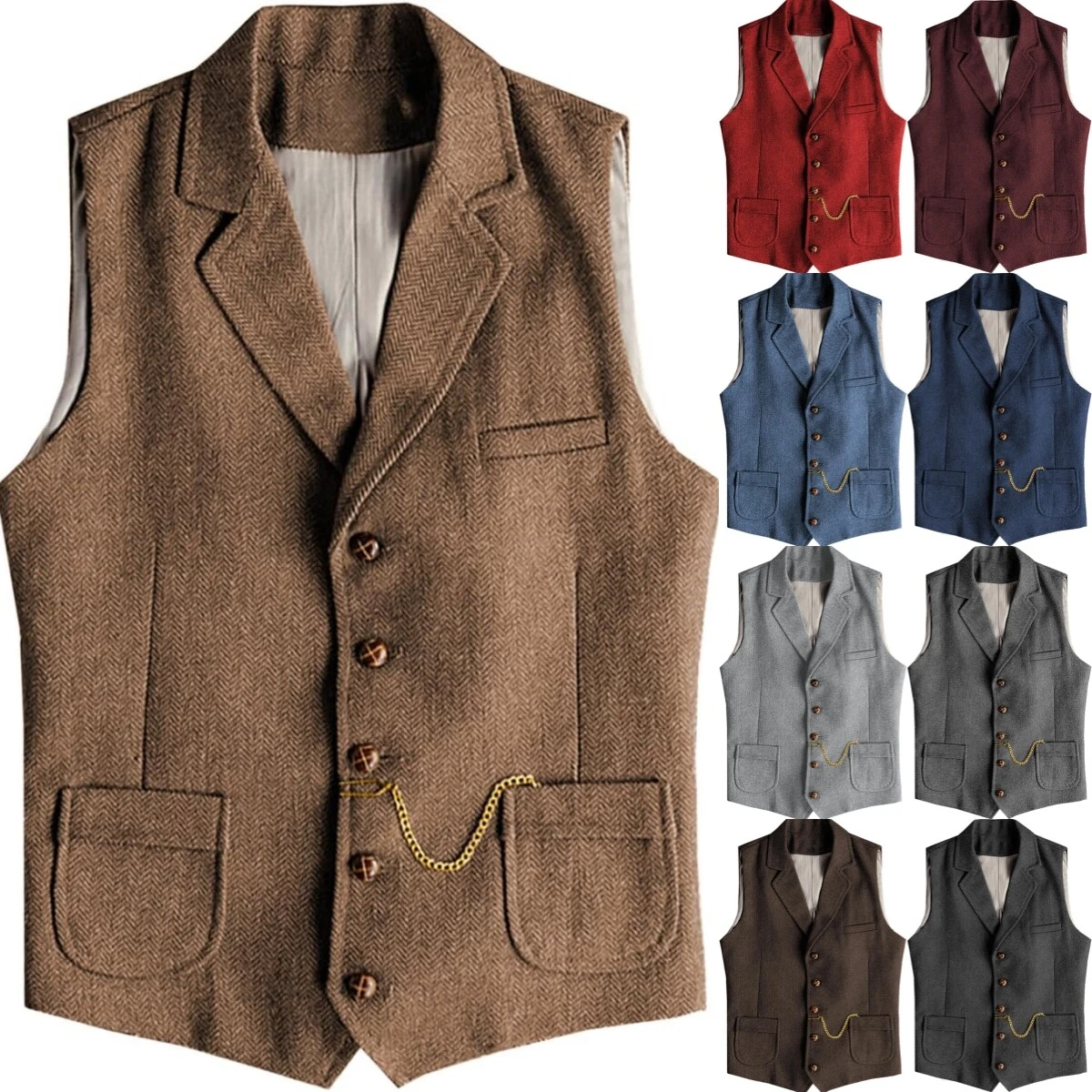 Mens Retro Tweed Vest Vintage Western Wool Herringbone Waistcoat