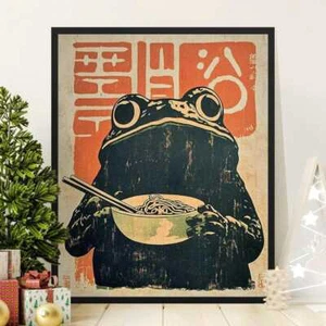 Impresión retro de rana comiendo ramen, arte de pared de fideos ramen, póster de inspiración japonesa - Imagen 1 de 3