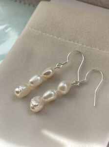 925 Sterling Silver Three White Baroque Freshwater Pearls Hook Drop Earrings