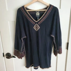 LUCKY BRAND Wool Modal Sweater Embroidered Womens XL Black Boho Lagenlook 3/4 Sl - Picture 1 of 14