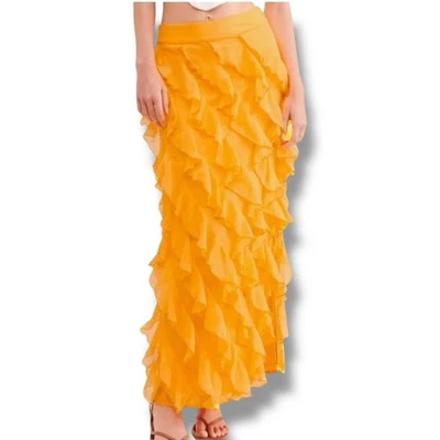 Anthropologie Let Me Be Sasha Orange Chiffon Ruffled Maxi Skirt - Image 1 of 4