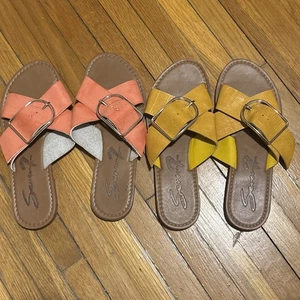 Seven7 Sandals Womens 8 Shoes Criss Cross Buckle Coral & Mustard Yellow Flats - Picture 1 of 8