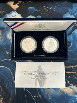 2000 Leif Ericson Millennium Commemorative Proof Silver Dollar 2 Coin Set OGP - Image 1 of 4