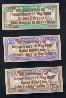 SOMALILAND 5 10 20 50 100 500 SHILIN 1996 SET Commemorative UNC GOLD Ovpt 7 NOTE - Image 1 of 3