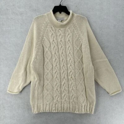 NUEVO Suéter De Colección Años 80 Limitado Tejido con Cable Aran Pescador Cuello Redondo DAMAS MEDIANO Foto 1 de 4