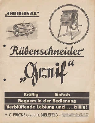 BIELEFELD, Prospekt 1936 Original Rübenschneider Greif  H. C. Fricke GmbH - Bild 1 von 3