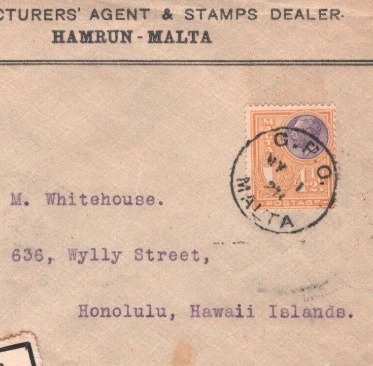 MALTA KGV Cover Registered USA HAWAII DESTINATION Honolulu 1928 {samwells}MA1800 - Image 1 of 4