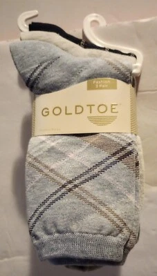 GOLD TOE FASHION SOCKS - 3 PAIRS (BLUE/GRY/PLAID) - Women's Shoe Size 6-9 - Image 1 of 2