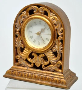 Mantle Clock Carved Scroll Battery Quartz Roman Numerals Vintage Verandah Gold - Picture 1 of 5