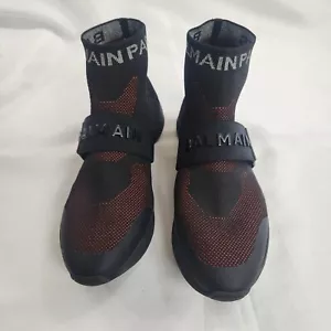 Balmain Paris High top Sock Sneaker SZ EUR 44 Knit Shoe Red Black Logo Strap - Picture 1 of 12