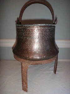 Ancient Antique Persian Copper Pot Cauldron Kettle Wrought Iron Bale on Trivet  - Picture 1 of 10