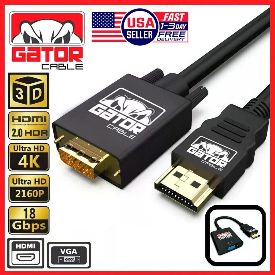 HDMI to VGA Cable Adapter Converter for HDTV PC Desktop Monitor Laptop 4K Video - Image 1 of 4