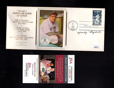 WOODY ENGLISH 1983 Signed TRIPLE HEADER OF GOLD 1st Day Babe Ruth Cachet JSA - Image 1 of 2