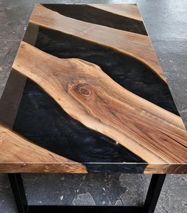 36x18" Modern Black Resin & Natural Wood Table | Handmade Center Table Top - Picture 1 of 4