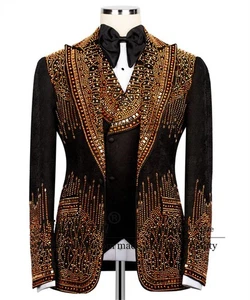 Sparkly Beaded Crystal Men Suit Peaked Lapel Groom Jacquard Tuxedo 3 Pieces Sets - Picture 1 of 7