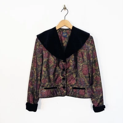 Monsoon Twilight Floral Metallic Collared Jacket Size 16 Velvet Trim 80s Vintage - Image 1 of 4