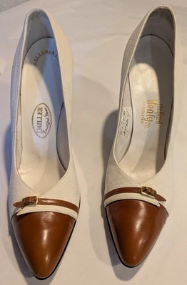 VTG I. Miller White/Brown Pebbled Leather Spectator Pumps 1950s Buckle Size 7AAA - Image 1 of 4