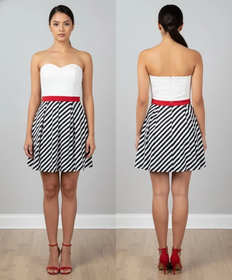 Mini Vestido BODY CENTRAL Sin Tirantes Sweetheart M Rayas Náuticas Rojo Blanco Negro  Foto 1 de 4