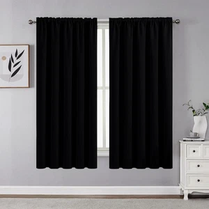 Black Blackout Curtains 54 inch Length 2 Panels Set, Rod Pocket Room Darkenin... - Picture 1 of 9