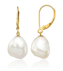 14K Solid Two Tone Gold Keshi Freshwater Cultured Pearl Dangle Earrings - Picture 1 of 11